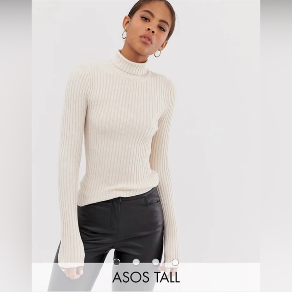 ASOS DESIGN Tall Roll Neck Sweater in Fine Knit Rib | Cream | Size 10 |